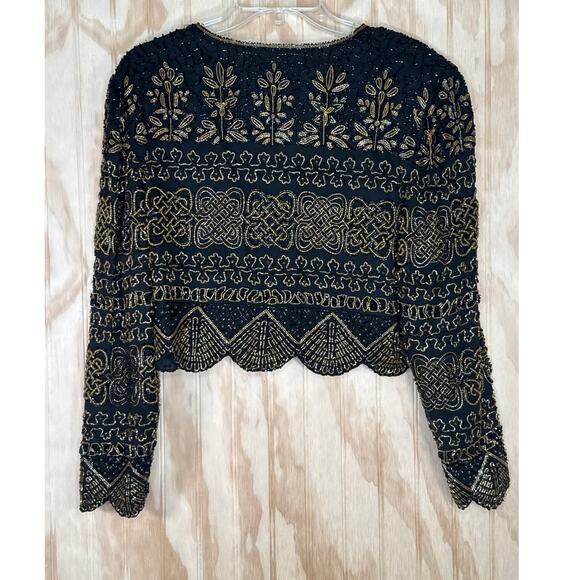 Adrianna Papell Evening Jacket Black Gold Sequin Beaded Silk Size M Vintage Glam - Picture 2 of 6